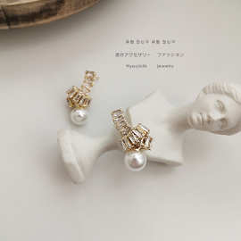 韩国东大门设计超闪锆石耳钉简约设计感珍珠耳钉百搭气质耳饰品