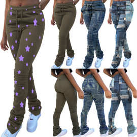 秋冬热卖欧美女装 亚马逊独立站 时尚仿牛仔印花抽绳堆堆裤