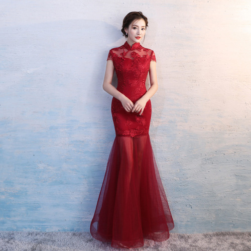 Wine red lace qipao Chinese dresses retro cheongsam bride dress to marry Chinese wedding dress female long Chinese wedding party evening dresses