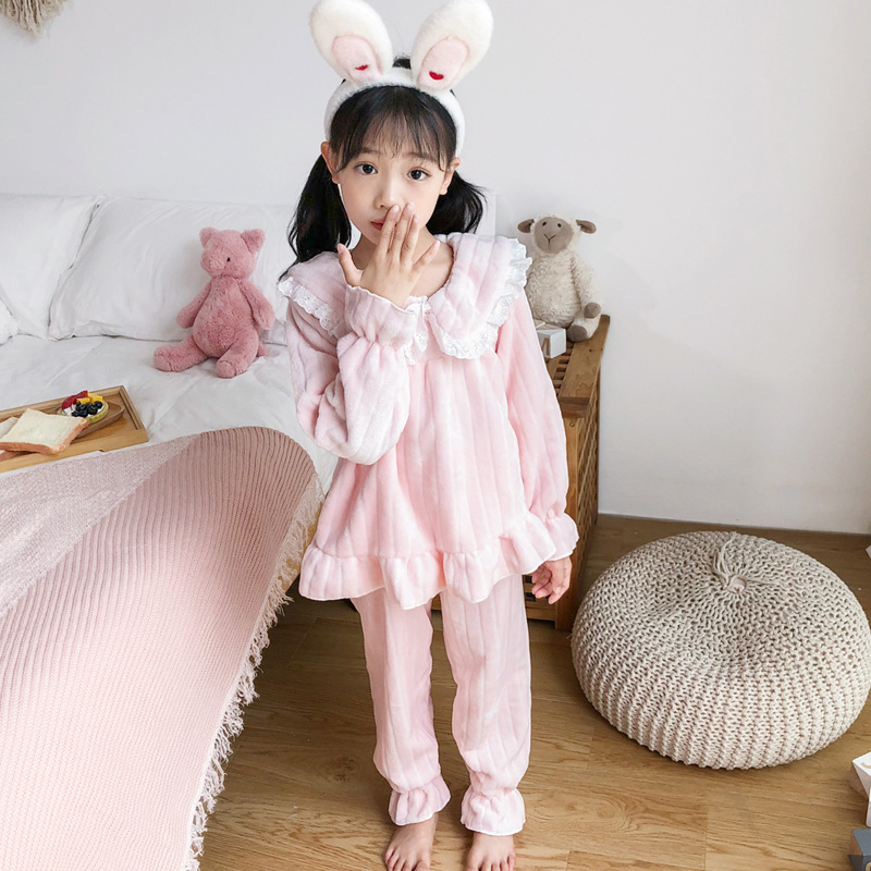 가을과 겨울 어린이 잠옷 밍크 벨벳 걸스 따뜻한 솔리드 컬러 레이스 핏 스트립 소녀 플란넬 프린세스 스타일 두껍게