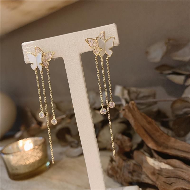 S925 Silver Needle Shell Strass Double Butterfly Tassel Longues Boucles D&#39;oreilles display picture 3