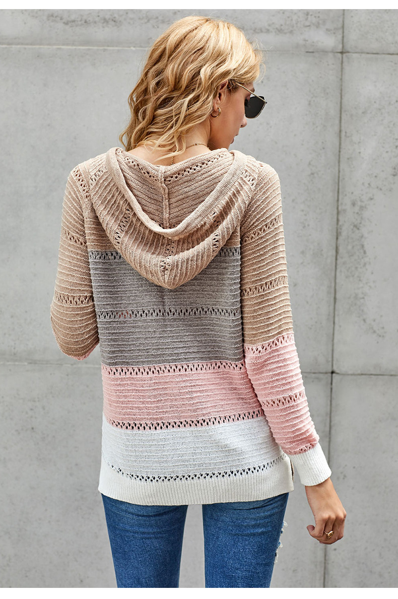 women long-sleeved loose fashion colorful striped pullover knitted hooded sweater NSSI2391