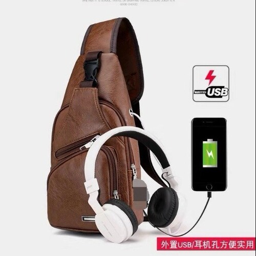 USB line chest bag men's casual cross-body bag solid color leather men's bag foreign trade new cross-border trendy bag men's style