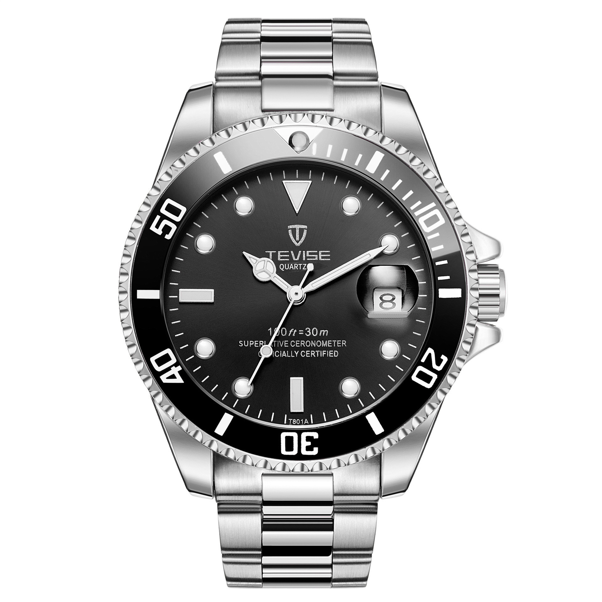 瑞士TEVISE夜光水鬼手表 防水男士手表 运动钢带石英手表厂家批发