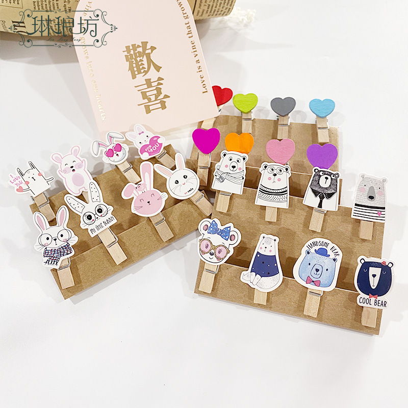 Decorativo de dibujos animados pequeño clip de madera floral flor Mensaje de embalaje pequeño clip de madera foto colgante de pared clip de color creativo