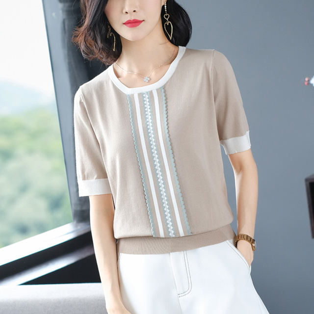 Ice silk knitwear women’s loose summer short round neck top thin stripe short sleeve T-shirt