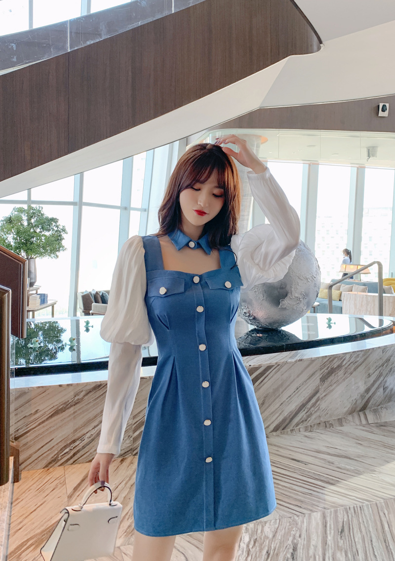 Đầm cổ búp bê tay phồng dáng suông — Màu xanh lam chi tiết 11