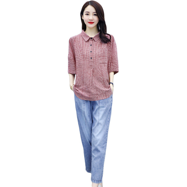Short sleeve shirt summer Korean loose Plaid Shirt women personality back lace up women’s top