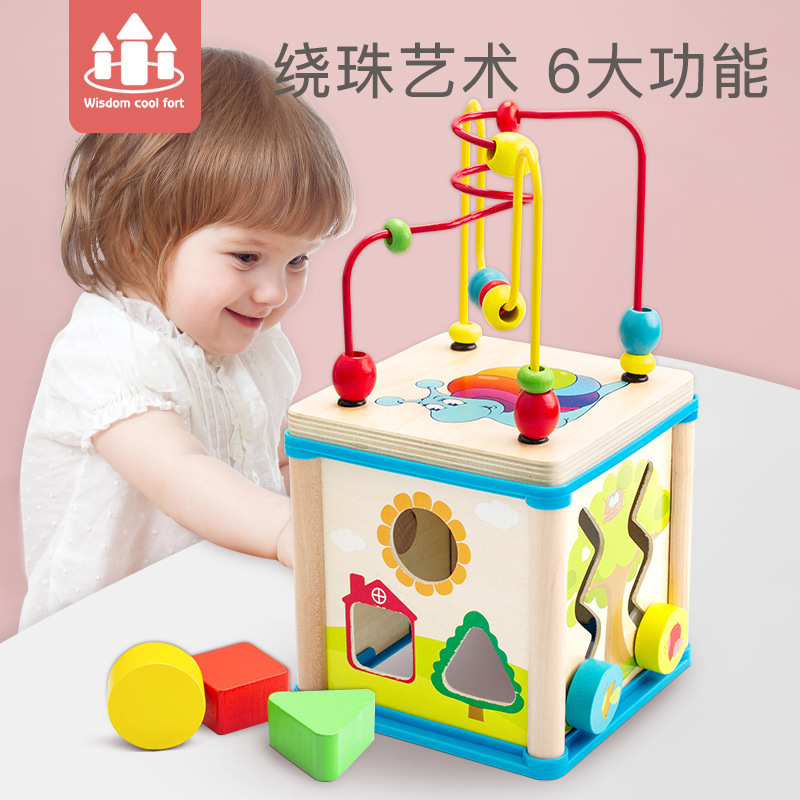 Niños de madera Juguetes multifuncionales de cuentas de cuatro caras Desarrollo educativo Ayuda para la enseñanza infantil Caja de forma de madera para niños y niñas