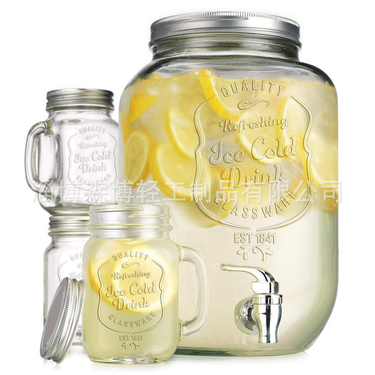 4升8升玻璃饮料果汁罐带梅森杯套装 1加仑带龙头酒瓶