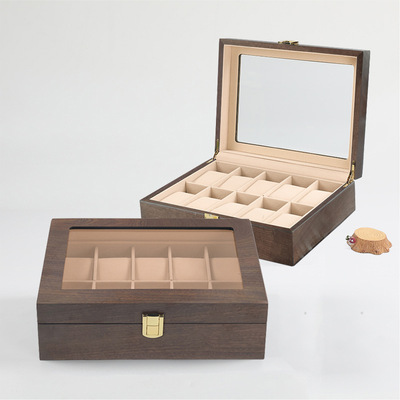 胡桃木色多位手表盒高档木盒 10位简约手表收纳盒 木质天窗表盒