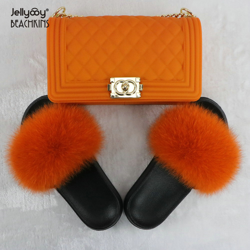 跨境热销纯色狐狸毛拖鞋车线女士皮草凉拖鞋搭配磨砂果冻包包套装|ms