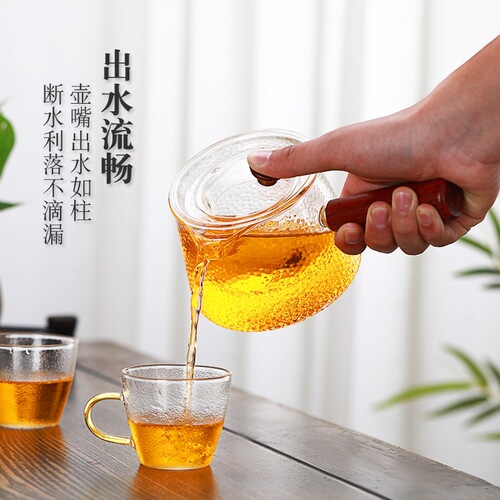 Glass teapot with high temperature resistance, household health care, retro teapot, solid wood handle, Kung Fu flower tea set, filter set