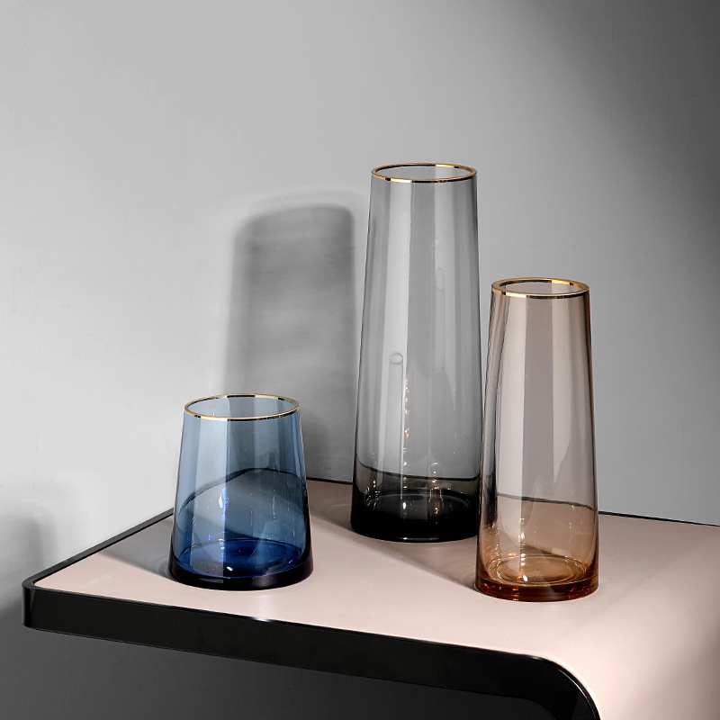 Nordic Color Transparent Gold-rimmed Glass Vase Ornaments Light Luxury Living Room Dining Table Flower Arrangement Home Decoration - 3