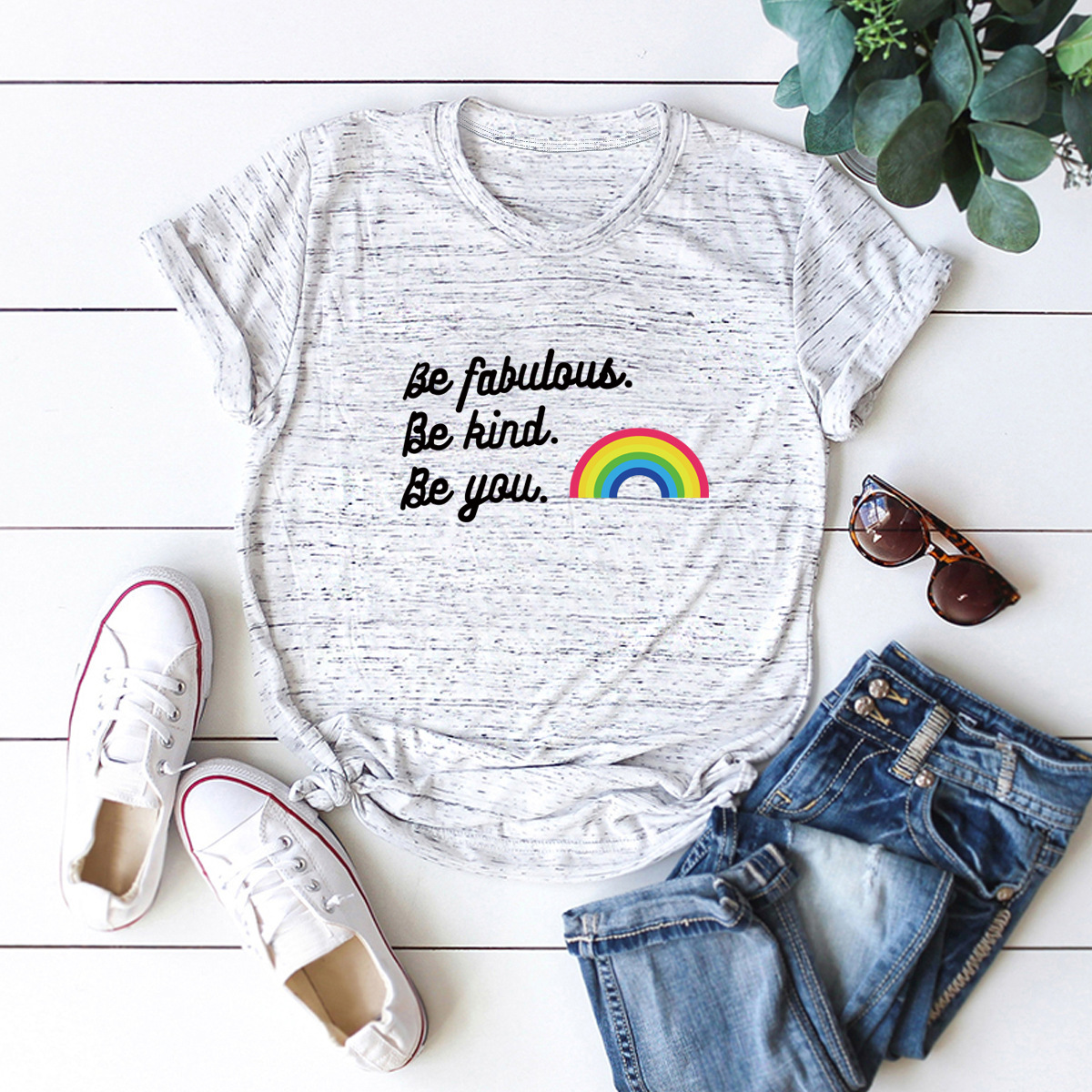 camiseta de manga corta de algodón puro con letras populares del arco iris NSSN13837