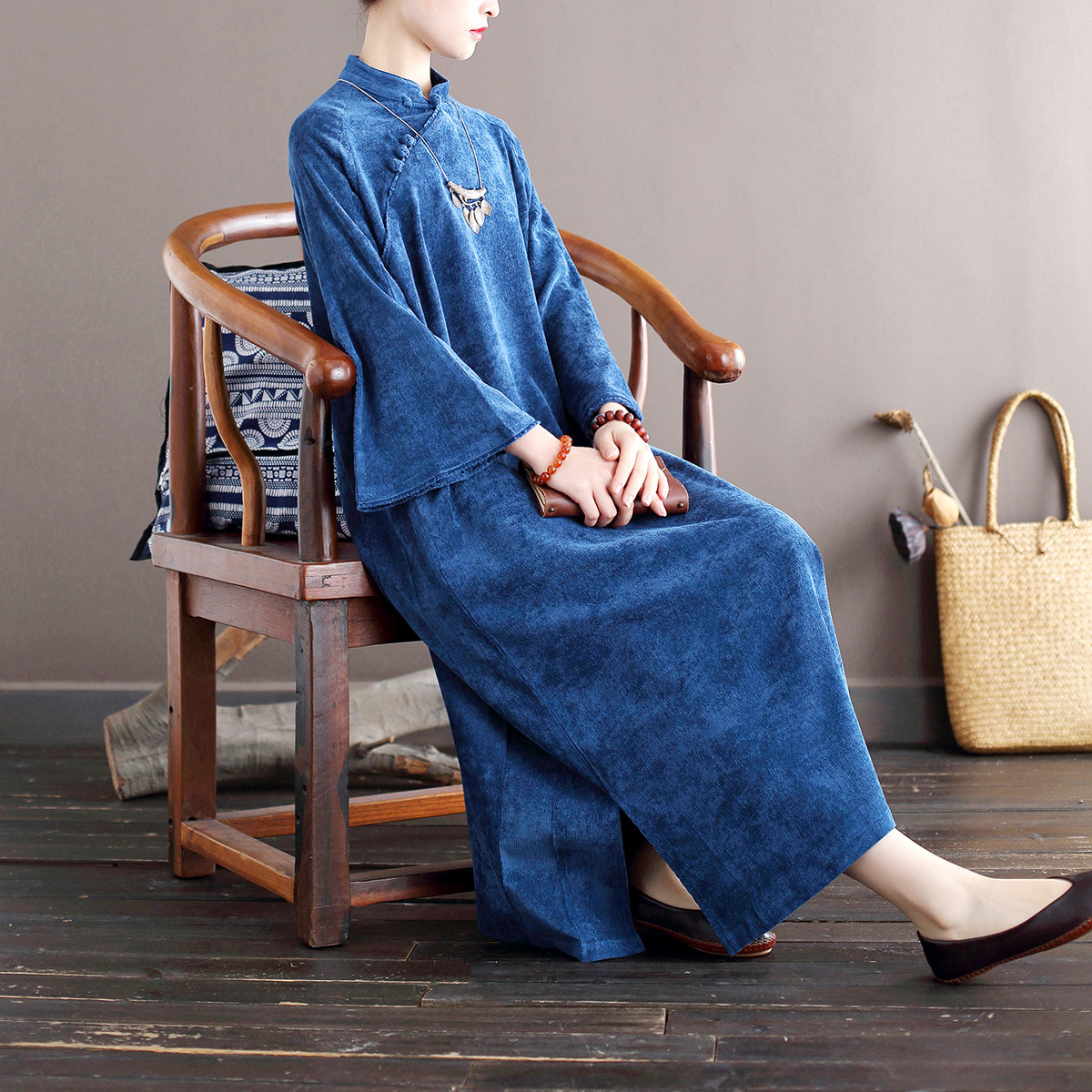 20106厂家销售喜墨国风女装宽松灯芯绒立领连衣裙中式改良茶服