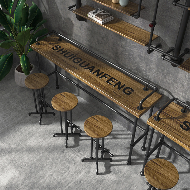 Creative water pipe solid wood table and chair set industrial style small bar counter bar counter milk tea shop wall-mounted high-leg narrow table