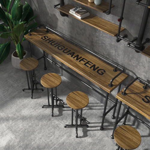 Creative water pipe solid wood table and chair set industrial style small bar counter bar counter milk tea shop wall-mounted high-leg narrow table