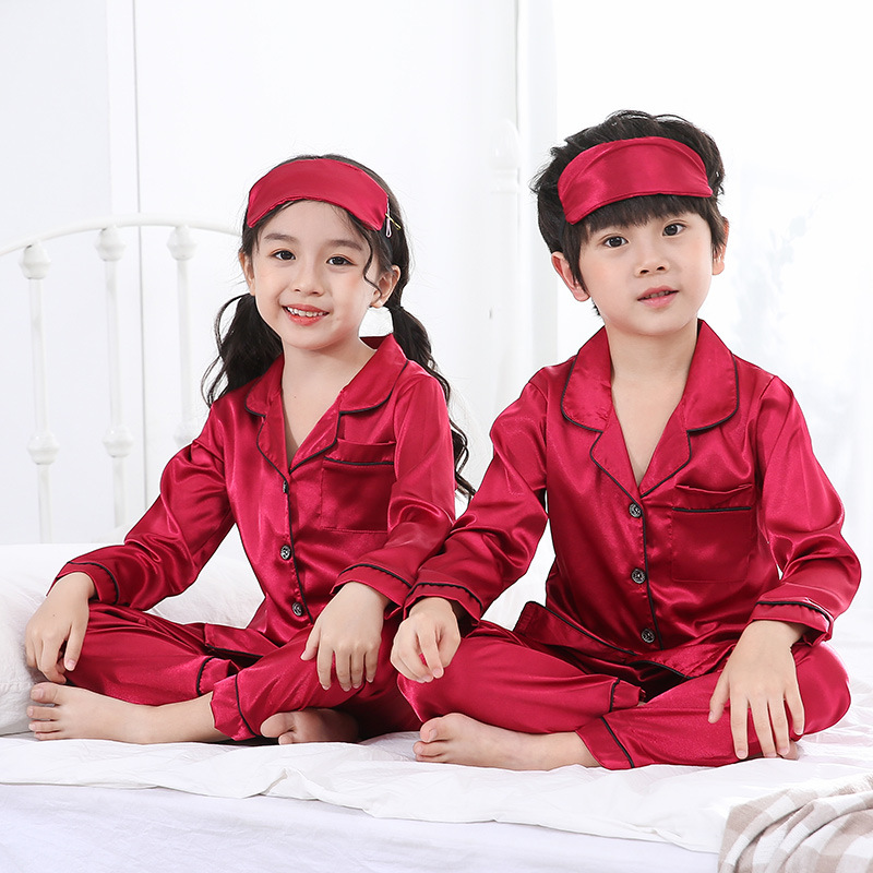 2023 봄 여름 가디건 어린이 모조 실크 (아이 마스크 포함) 긴팔 단색 새틴 어린이 잠옷 세트