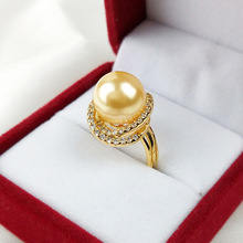新品氣質金色仿真南洋天然貝珠珍珠時尚開口戒指女 群鑲鋯石指環