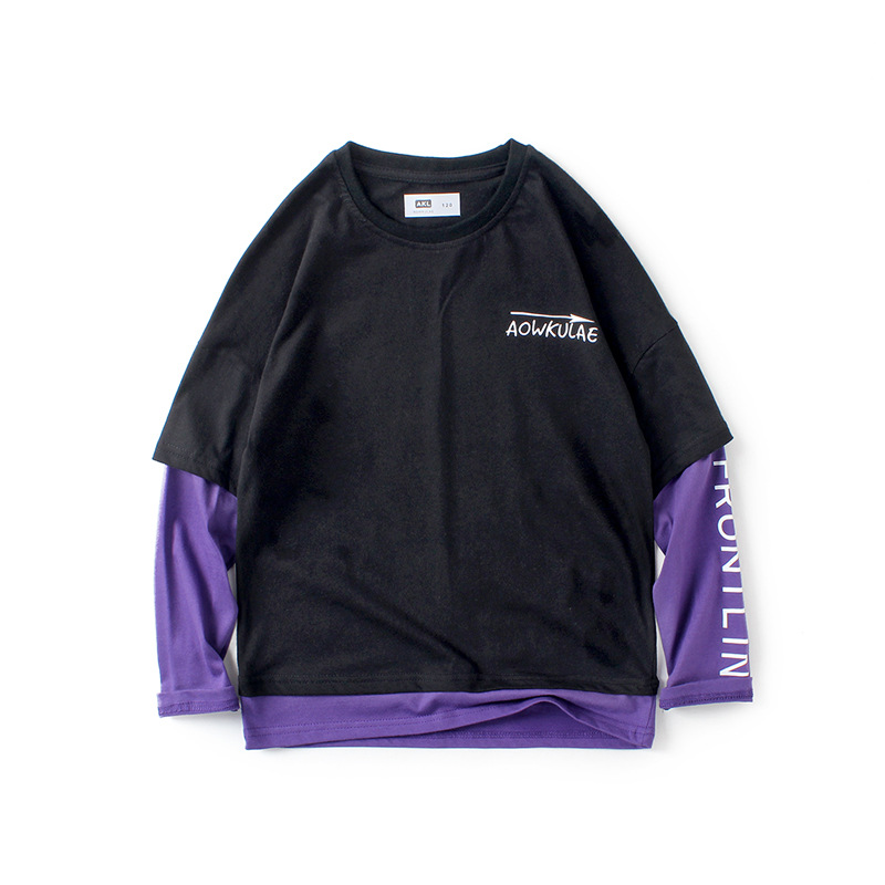 Primavera y otoño estilo coreano ropa para niños nueva camiseta de manga larga para niños medio y grande color de algodón para niños a juego camisa de fondo para niños de dos piezas falsas