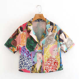 2020欧美风夏女装新款批发绿色女孩印花彩色短袖衬衫