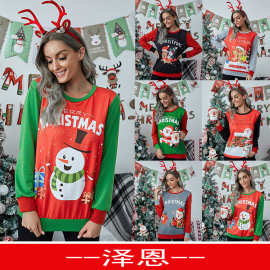 2022秋季新品eaby亚马逊热卖圣诞款卡通雪人印花长袖圆领卫衣女