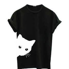 速卖通爆款欧洲站2018猫咪图案印花圆领修身短袖T恤