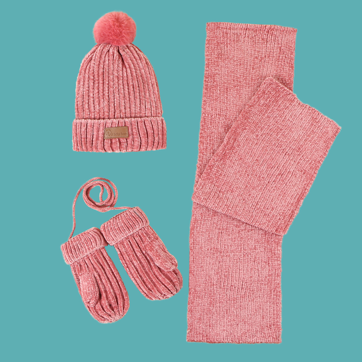 Children's Pink Hat Scarf Gloves Three-piece Set display picture 5
