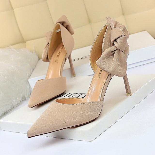 Korean fashion Stiletto High Heel suede hollow shallow mouth sexy thin pointed bow hollow sandals