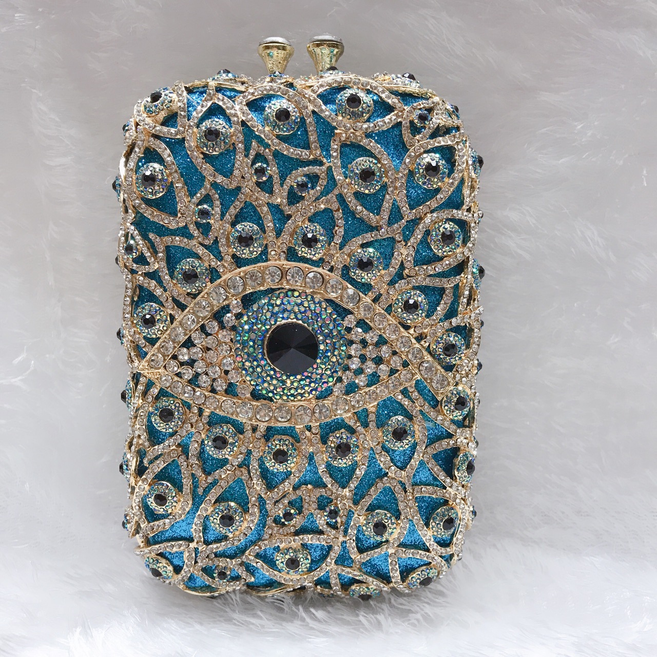 Túi clutch dạ hội đính đá pha lê kim loại rỗng kiểu dọc — Màu xanh lam, Vàng/Xanh đậm AB mắt, Màu bạc, Vàng/Con công xanh AB mắt chi tiết 20