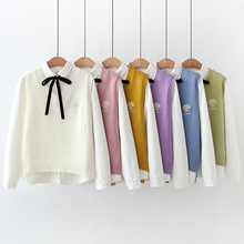 13158冬装新款韩版学院风加绒系带衬衫+雏菊针织马甲两件套装上衣
