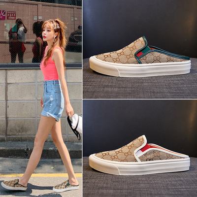 懶人包頭半拖鞋女外穿2020年夏新款時尚百搭網紅平底無後跟帆布鞋