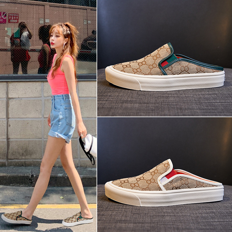 懶人包頭半拖鞋女外穿2020年夏新款時尚百搭網紅平底無後跟帆布鞋