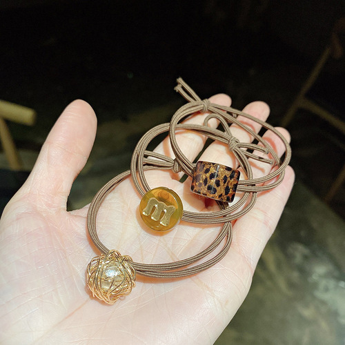 Internet celebrity 3-piece set of hair ties, Korean style m-bean hollow pearl small rubber band leopard print square headband women's hair rope wholesale
