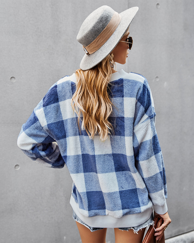 fashion flannel v-neck plaid top NSDY7347