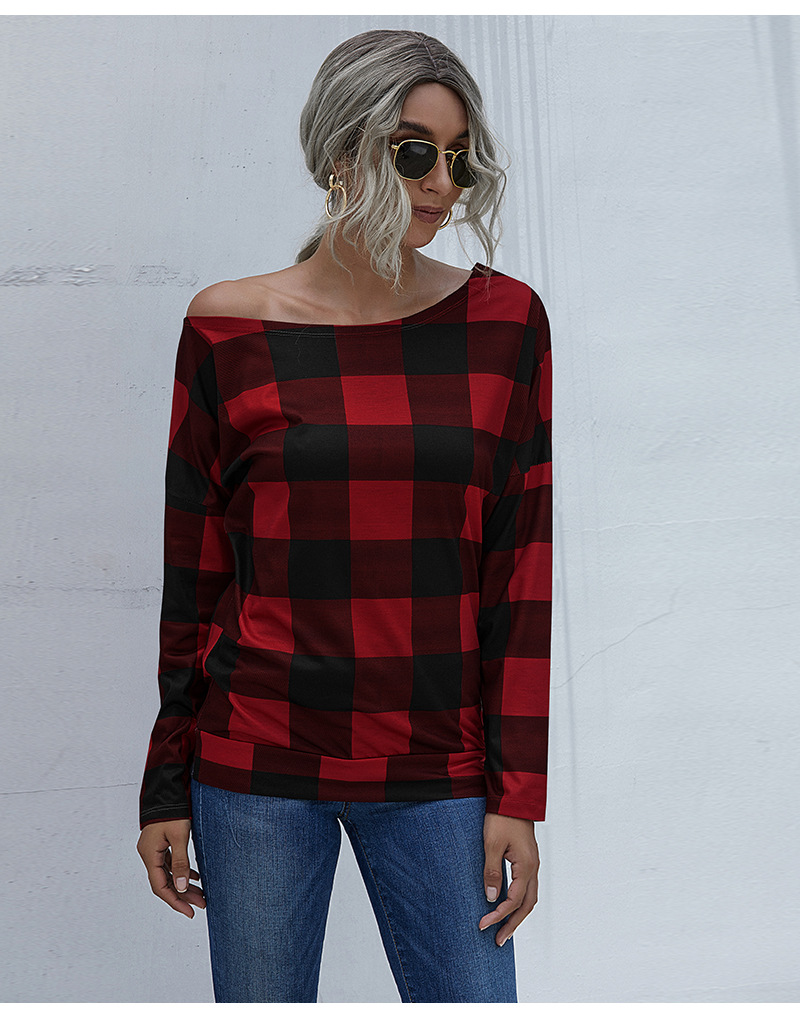 diagonal collar plaid long-sleeved T-shirt nihaostyles clothing wholesale NSGNX83001