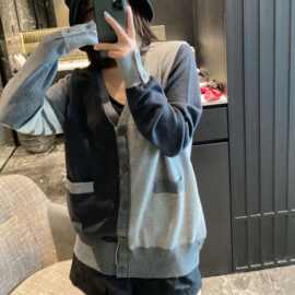特不退换tb灰拼色英伦风开衫外套女V领四条杠宽松长袖针织上衣