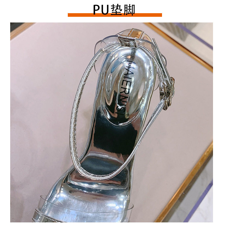 Dép sandal nữ gót nhọn pha lê trong suốt, đế cao 11 cm, quai móc cài — Màu bạc, Màu trắng, Màu đen chi tiết 5