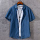 Denim short sleeve shirt men's cotton thin summer youth slim shirt washed denim shirt factory direct fashion