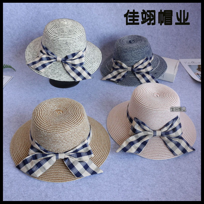 格子蝴蝶结户外折叠草帽女夏天韩版潮大沿女士遮阳帽防晒太阳帽夏|ms