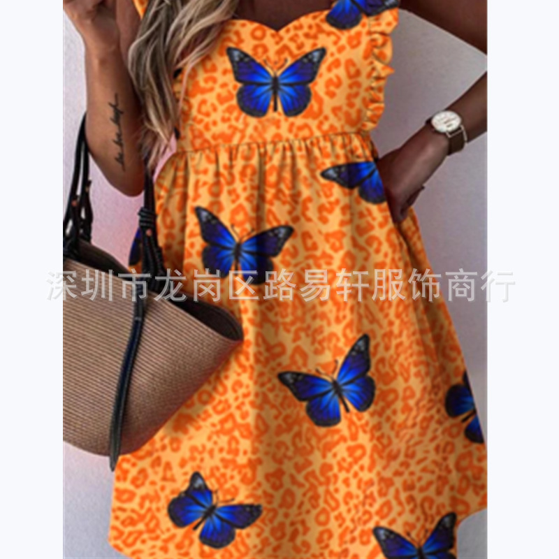 Cross-border 2023 Summer New Women's Clothing Amazon European and American Explosions Leopard Butterfly Printed Square Neck Large Swing Dress