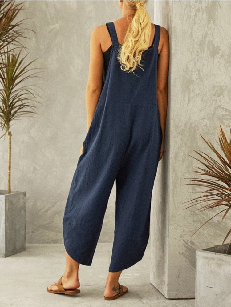 Tuta da donna ampia e larga, estiva, regolabile, in cotone e lino, tinta unita, pantaloni larghi, tute da donna oversize_voghion.com