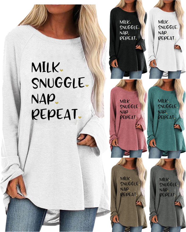 Cross-Border 2022 Autum Hot-Selling Santa Claus Printed Loose Long-Sleeved T-Shirt Mid-Length 8895m