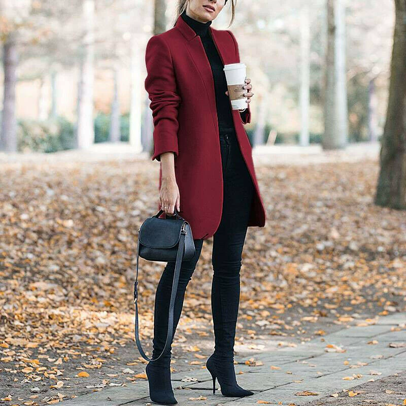 Long woolen coat (Amazon) fitted stand‑collar demi‑season, lightweight, multiple sizes