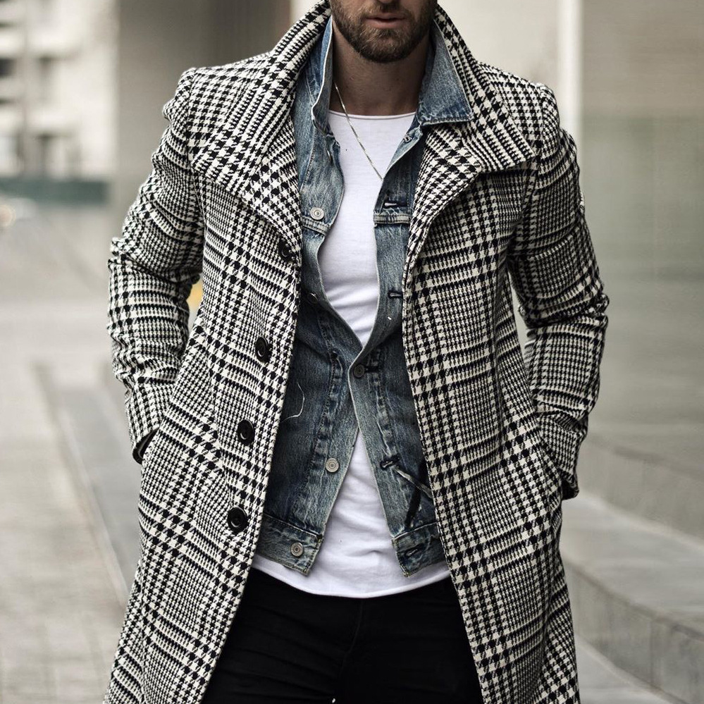 Men's Fashion Plaid Lapel Coat Mid-length Coat