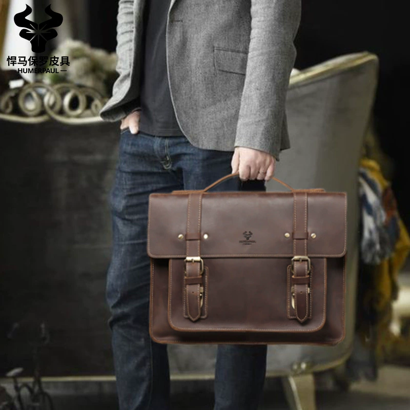 Retro one-shoulder bag, capacious laptop, business version, genuine leather