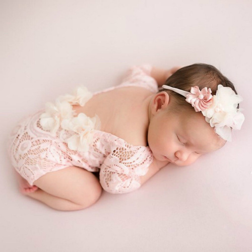 Newborn photography set including chiffon floral lace dress and pearl headband, two-piece set