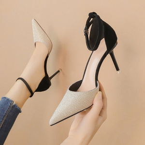 Fashion pointed shallow mouth high-heeled shoes with sequins hollow sandals small fresh sexy women’s shoes