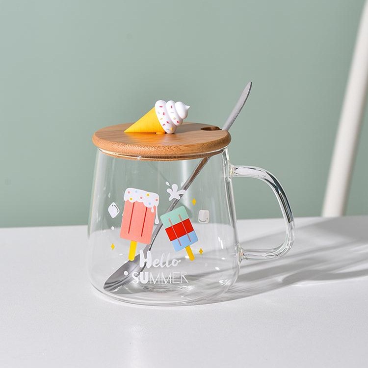 Creativo verano helado forma de dibujos animados alta temperatura resistente taza vidrio con tapa cuchara transparente beber limón